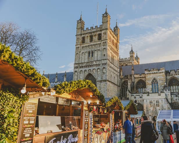 Exeter Cathedral Christmas Market surrounds the iconic 12th-century cathedral