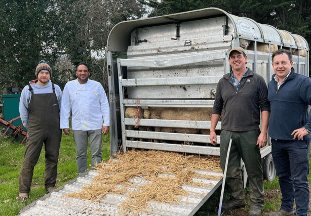 Lympstone Manor Chef PAtron Michale Caines (second from left) takes delivery of the sheep