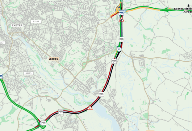 M5 southbound traffic building near Exeter following a large oil spill. Image: Traffic England / National Highways
