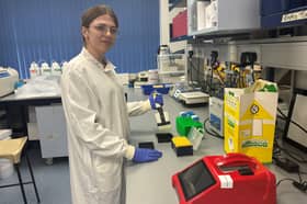 Marta Tsybanova in the lab at the University of Exeter, where she developed a new technique for tracking lung cell behaviour.
