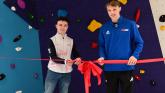 Left Great Britain tumbler Alfie Collier and GB climber Fin Kerswell who are both former TBGS pupils and the wall's official ribbon cutting ceremony Pictures miraclePR.com