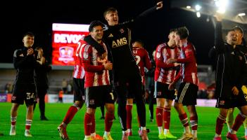 Exeter City celebrating Devon derby win. Pic from PPAUK