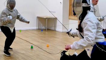 Beginners Audrey and Sally fencing Sabre. Pic from Jason P Ball