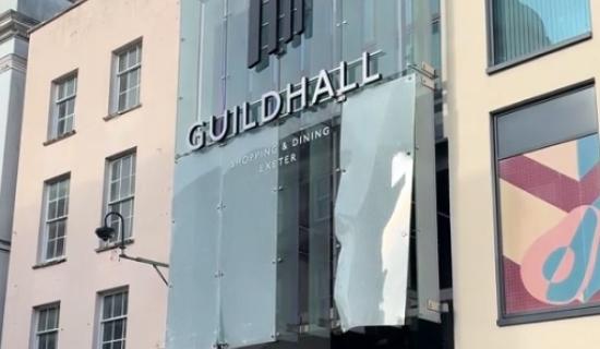 Lorry strike forces glass removal at Exeter Guildhall entrance