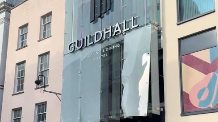 Lorry strike forces glass removal at Exeter Guildhall entrance