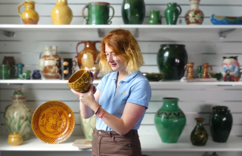 Mary Chilcott with part of the Fishley Collection 