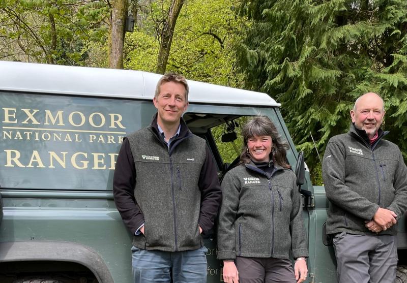 Exmoor National Park Ranger Team Head Dan Barnett, left, with Rangers Charlotte Wray and Phil Stuckey wearing their new wool fleeces from local company Woolf