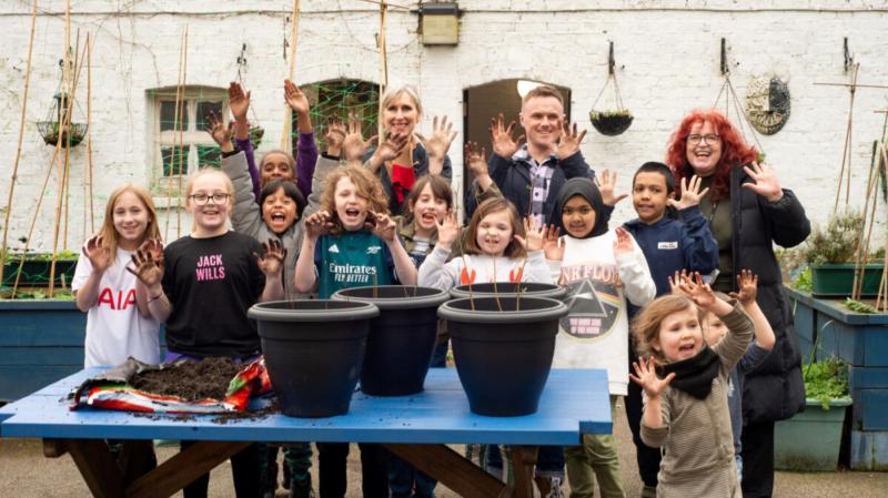 Children’s author Lauren Child, creator of 'Charlie & Lola', visiting a school to inspire students to get involved in planting trees 