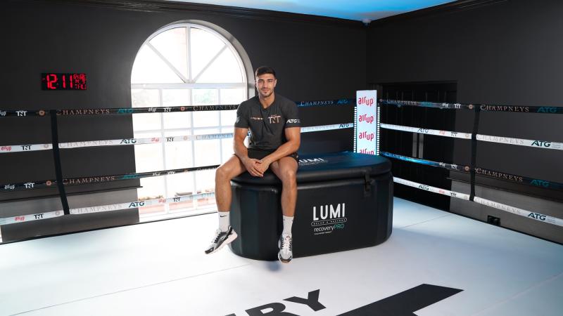 Tommy Fury with his LUMI Portable Recovery Pod Ice Bath 