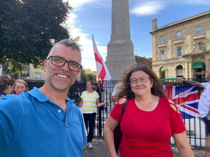 Councillor Ed Hill (left) and Angie Nash, who helped encourage an asylum hotel protest to relocate (Image courtesy: Ed Hill).