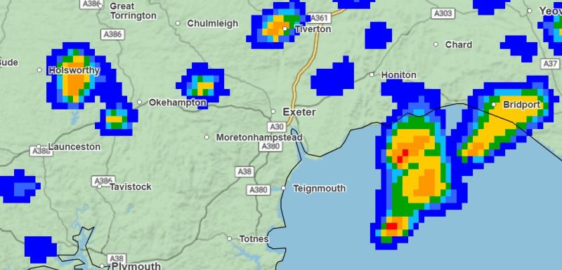 Weather map showing the yellow warning across the South West 