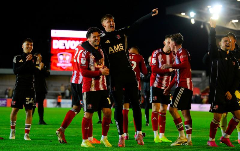 Exeter City celebrating Devon derby win. Pic from PPAUK