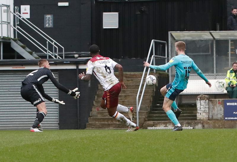 Kieran Phillips scores against Bradford in 2022. Pic from PPAUK