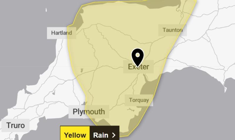 Yellow rain weather warning issued for Exeter as heavy downpours forecast